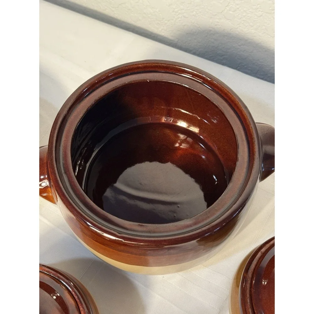 Vintage Brown Bean Pot w/ 2 Matching Handled Ramekins – Rustic Stoneware Set